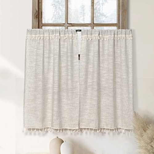 Boho Tassel Kitchen Curtains 2 Panels Natural 36 Inch Length
