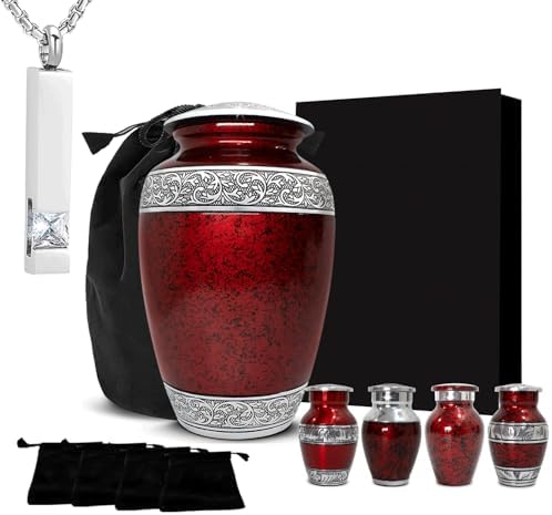 Elegant Cremation Urn Set - 5 Piece Red Urns with Velvet Bags