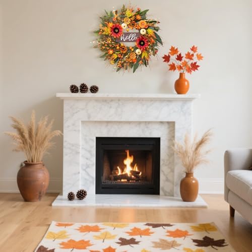 24 Inch Artificial Autumn Wreath with Hello Sign