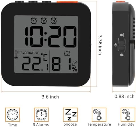WinFong Small Digital Alarm Clock with 3 Bells and Temperature Humidity
