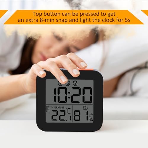 WinFong Small Digital Alarm Clock with 3 Bells and Temperature Humidity