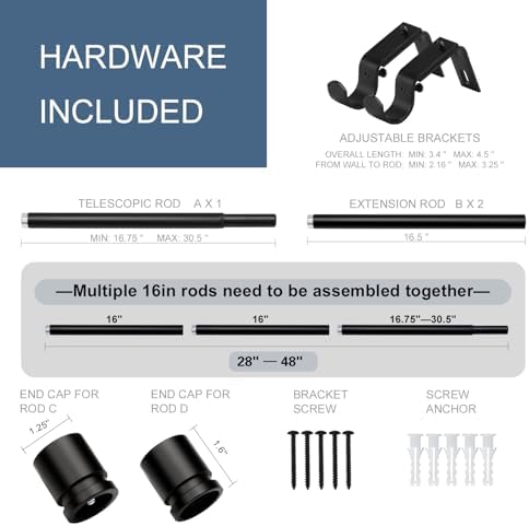 Byondeth Heavy Duty Adjustable Curtain Rods 28-48 Inches Black