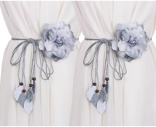 2 Pcs Decorative Curtain Tiebacks with Flower Design Grey