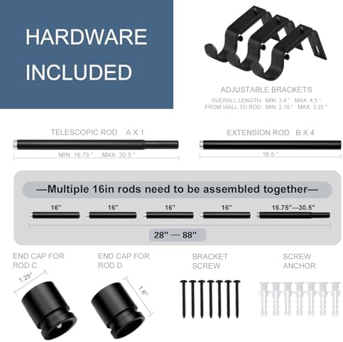 Byondeth Heavy Duty Adjustable Curtain Rods 1 Inch Diameter Black