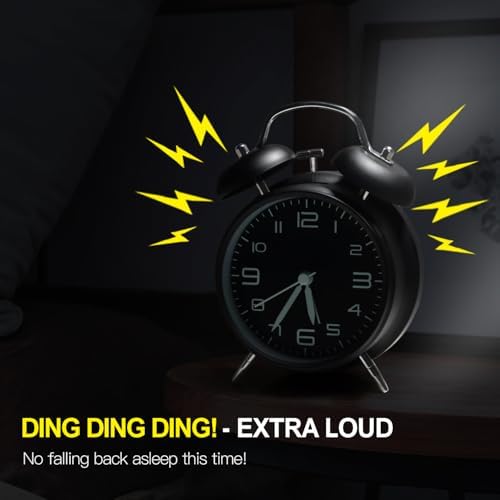 Betus Non-Ticking Twin Bell Alarm Clock with Backlight - Midnight Black