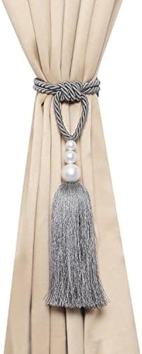 2 Pack Pearl Curtain Tiebacks with Tassels - Gray