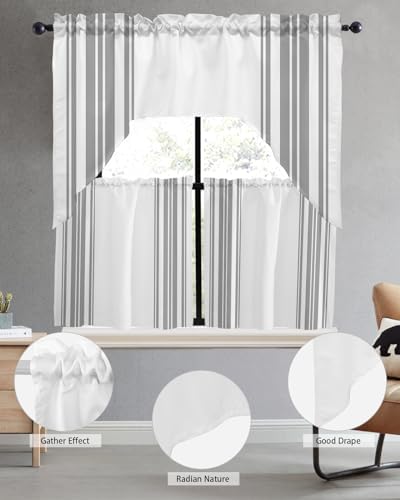 Grey White Stripes Swag Curtains 3 Piece Set for Kitchen Living Room