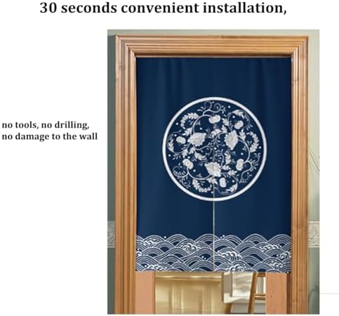 Japanese Noren Door Curtain with Telescopic Rod Blue 85x90cm