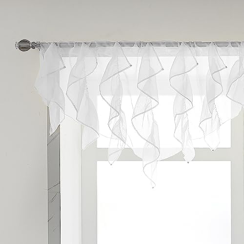 PearAge Ruffled Voile Semi Sheer Curtain Valance 52x26 Inches White-Triangle