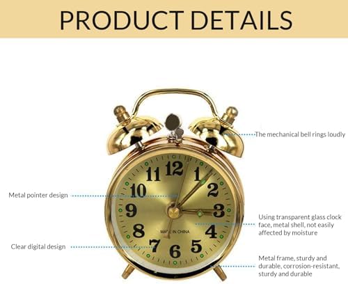 Wind Up Alarm Clock with Twin Bell Gold Metal Design