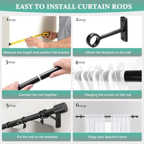 TAOBERFULI Adjustable 1 Inch Black Curtain Rods for Windows