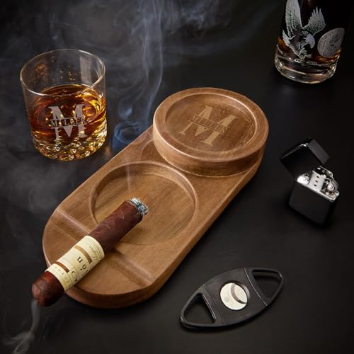 Wooden Cigar Tray with Personalized Engraving Dual Rests and Ashtray