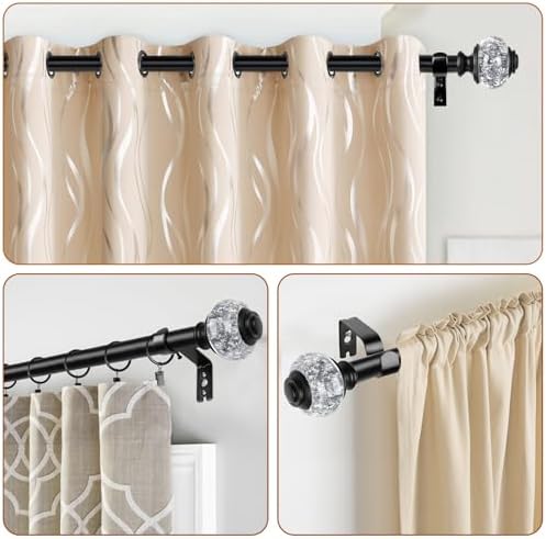 USFOOK 1 Inch Retractable Curtain Rods 72-144 Inches Black