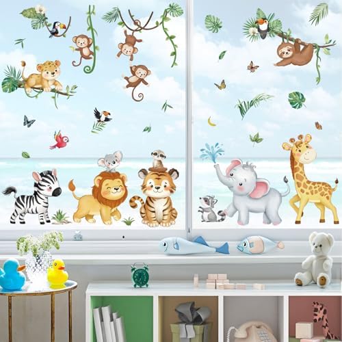 Decalmile Summer Safari Double Sided Jungle Animals Window Clings