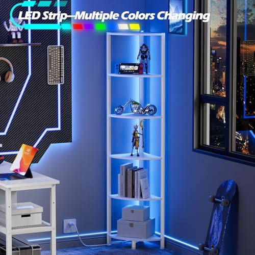 Furnulem 6 Tier Corner Shelf with LED Light White