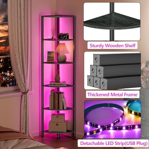 Furnulem 6 Tier Corner Shelf with LED Light Black