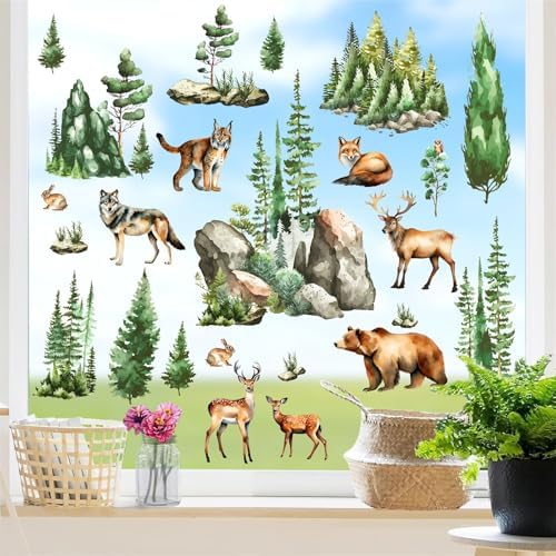 Woodland Animal Window Stickers with Green Pine Tree and Mountain Scenes
