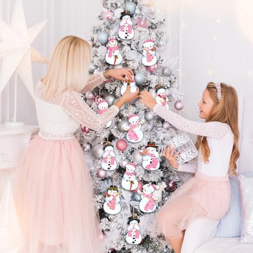 24Pcs Pink Christmas Wood Hanging Ornaments with Hemp Rope