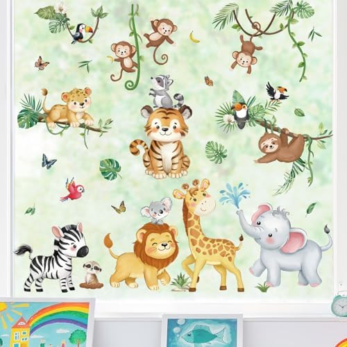 Decalmile Summer Safari Double Sided Jungle Animals Window Clings