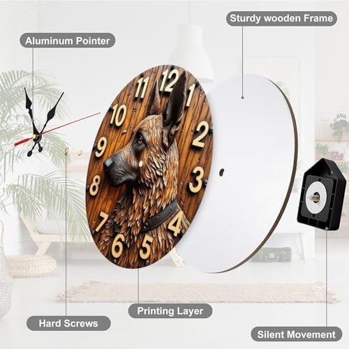 2D Wooden Dog Wall Clock German Shepherd 10 Inch Decor