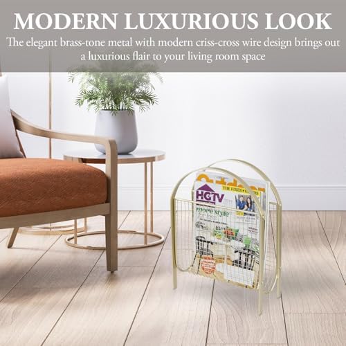 MyGift Mid Century Magazine Rack with Brass Mesh Finish