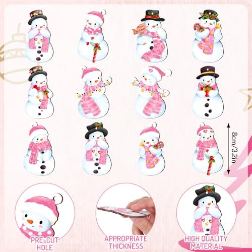 24Pcs Pink Christmas Wood Hanging Ornaments with Hemp Rope
