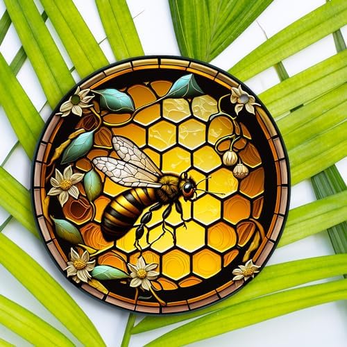 HOTIYOK Retro Yellow Hive Stained Glass Window Decor with Chain