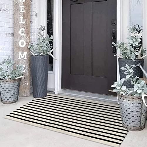 Collive Black and White Striped Outdoor Rug Door Mat 24x51