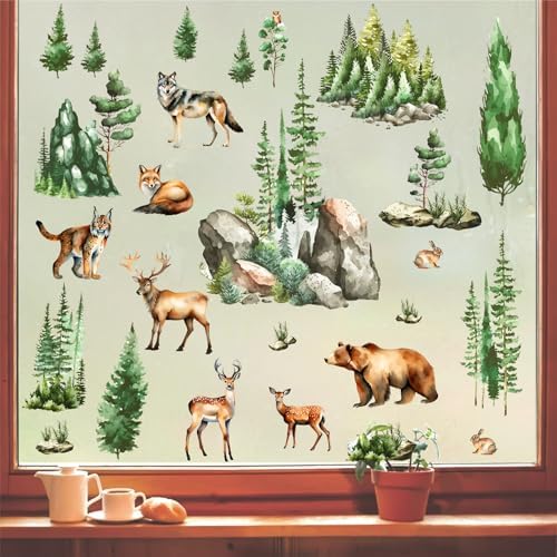 Woodland Animal Window Stickers with Green Pine Tree and Mountain Scenes