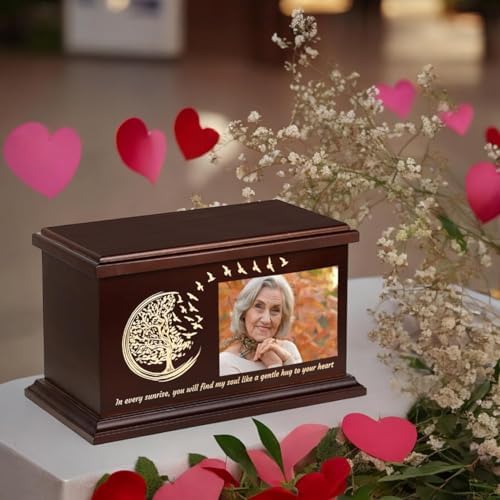 Elegant Wooden Cremation Urn with Photo Frame and Tree of Life Design