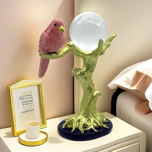 Pink Resin Bird on Tree Branch with Crystal Glass Ball Statue