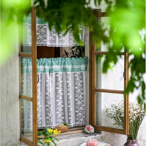 ARTMAGIC Tier Curtain Set 3pcs Sage Green Plaid Valance