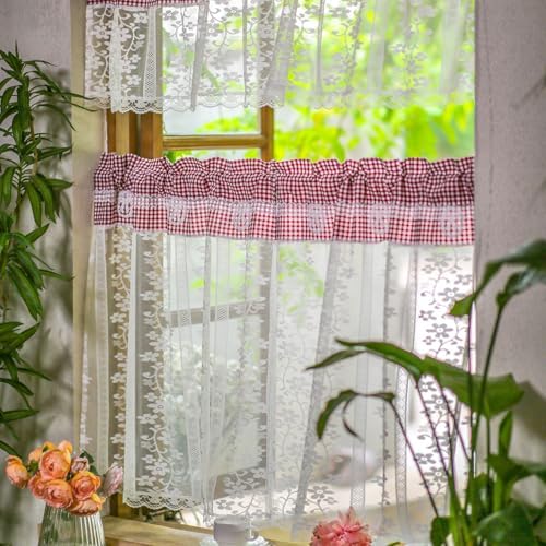 ARTMAGIC Red Plaid Tier Curtain Set with Valance 3pcs
