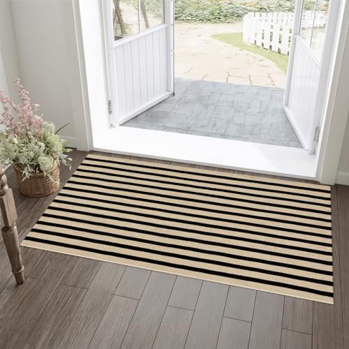 OJIA 24x51 Black and Tan Striped Front Door Rug
