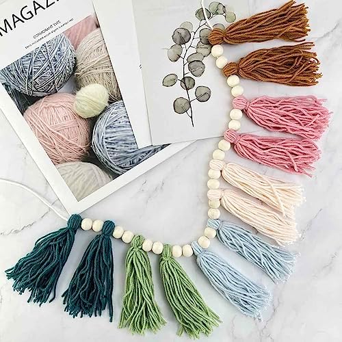 Rainbow Boho Tassel Wall Hanging with Wood Beads