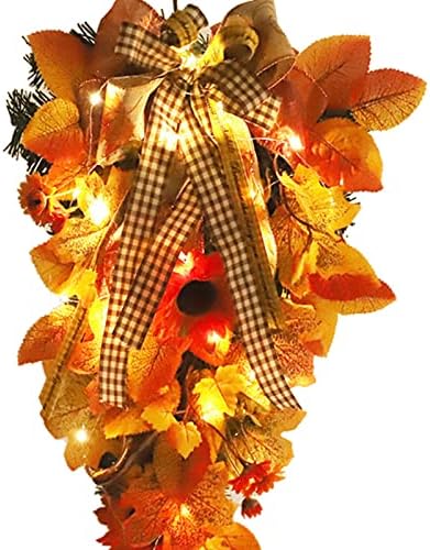 Harvest Teardrop Wreath with Light Fall Decor