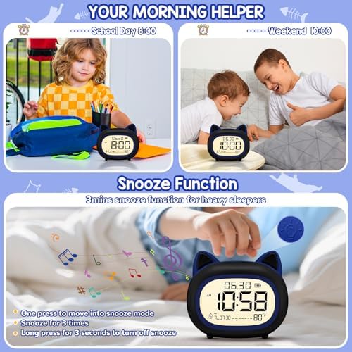 Adorable Cat Alarm Clock for Kids with Night Light
