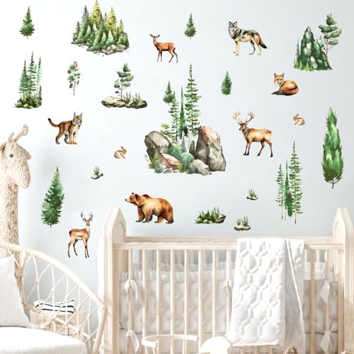 Woodland Animal Window Stickers with Green Pine Tree and Mountain Scenes