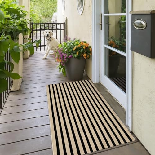 OJIA 24x51 Black and Tan Striped Front Door Rug