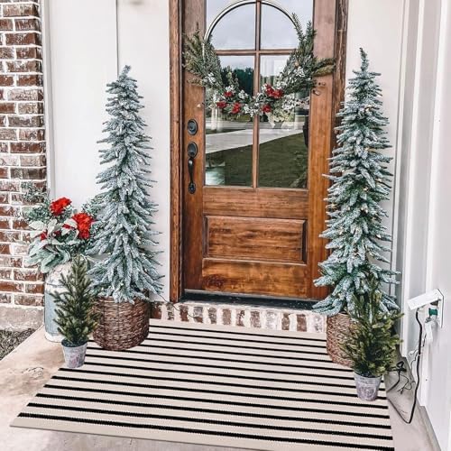 LEEVAN Black and White Striped Outdoor Rug 24x51