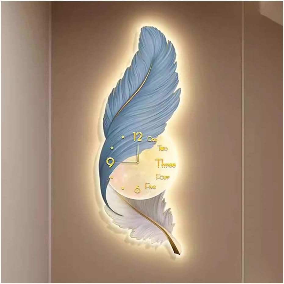 Modern Feather Wall Clock Art Decor Blue 43x120cm