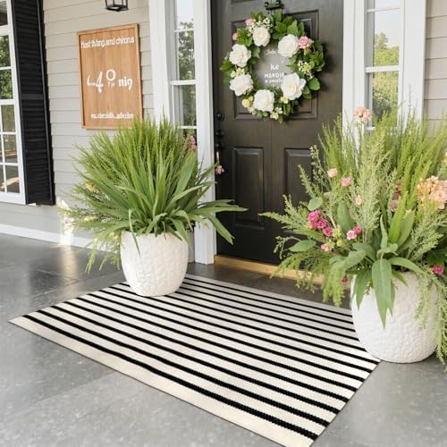 Collive Black and White Striped Outdoor Rug Door Mat 24x51