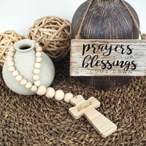 RUIRUICO Wood Bead Garland with Cross and Tassel
