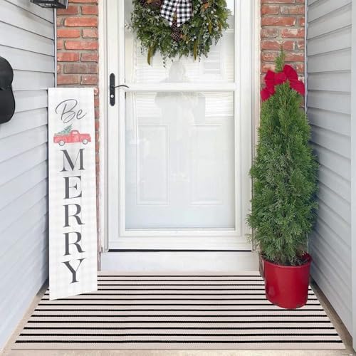 LEEVAN Black and White Striped Outdoor Rug 24x51