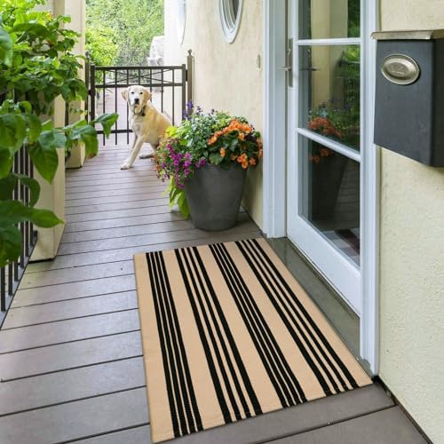 OJIA 24x51 Front Door Mat Black Tan Striped