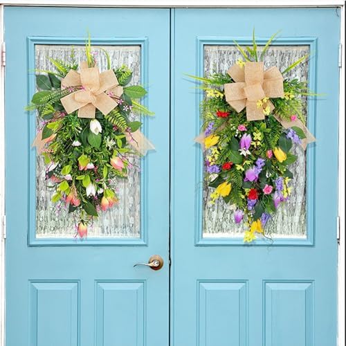 Tulips Teardrop Swag with Burlap Bow and Greenery