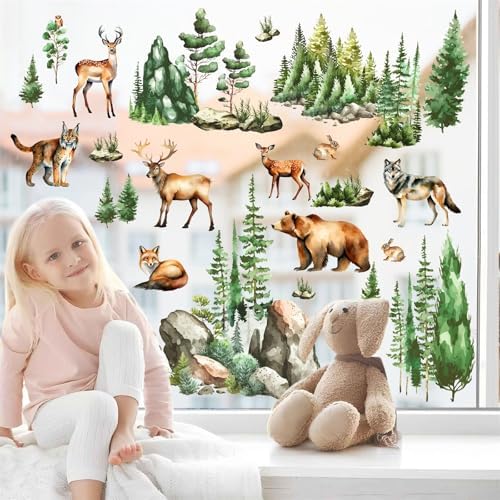 Woodland Animal Window Stickers with Green Pine Tree and Mountain Scenes
