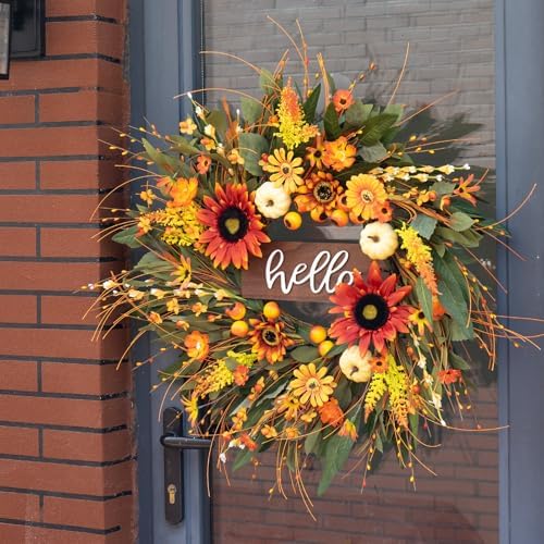 24 Inch Artificial Autumn Wreath with Hello Sign