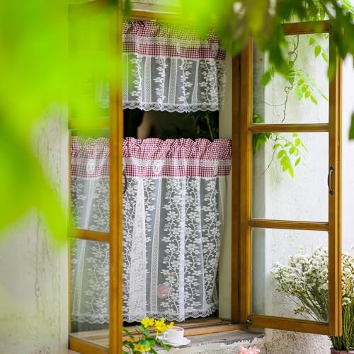 ARTMAGIC Red Plaid Tier Curtain Set with Valance 3pcs