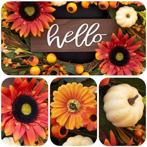 24 Inch Artificial Autumn Wreath with Hello Sign